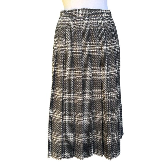 Vintage 80's Plaid Wool Blend Pleated Midi Skirt Black Tan Preppy Unlined Sz 10P - Picture 1 of 6